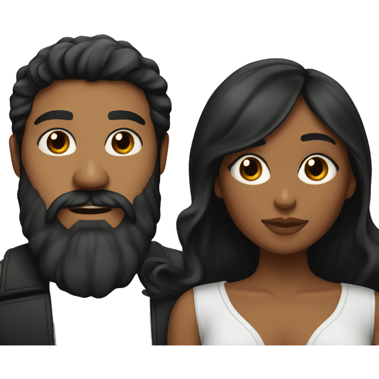 Medium skinned toned bearded man with black kissing medium skin toned girl with black long hair emoji