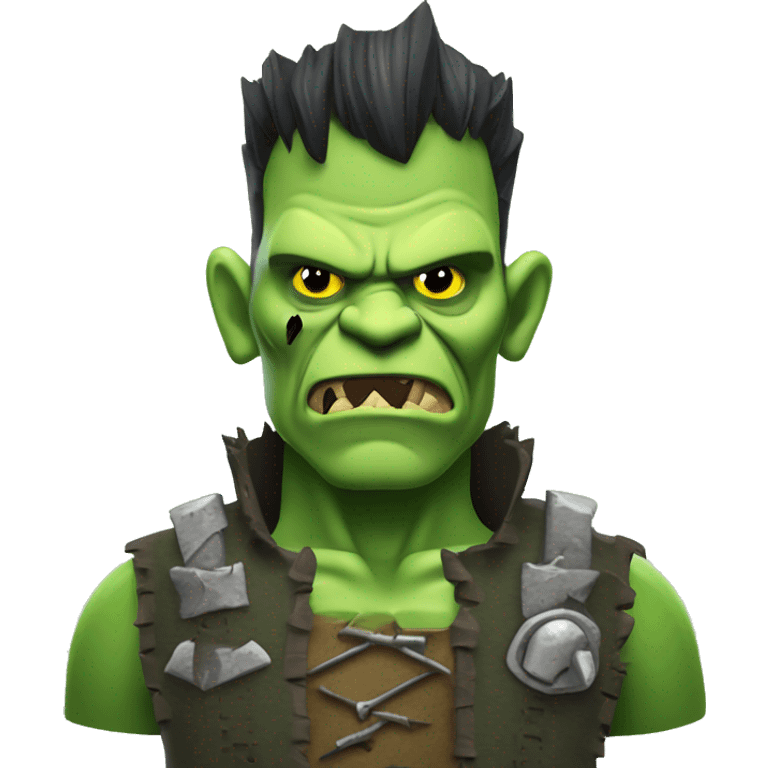 Orc Frankenstein with bolts in neck, stitched green skin, patchwork outfit, Halloween theme, emoji emoji