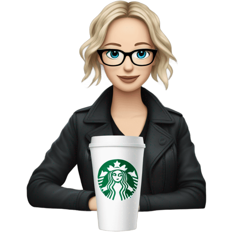 Photo of Brunette Jennifer Lawrence wearing black glasses and blue eyes drinking Starbucks  emoji