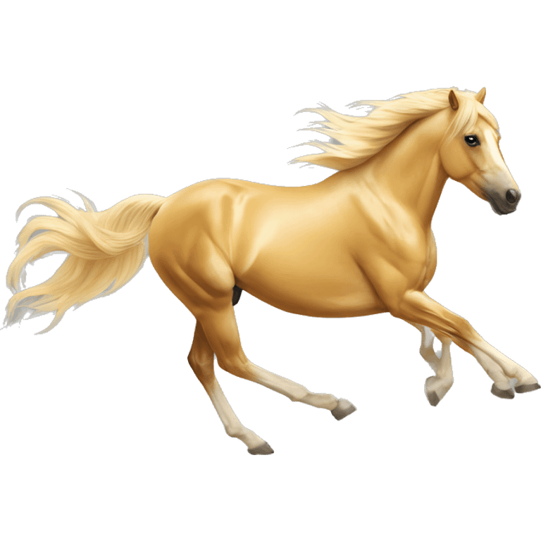 Yellow palomino horse with long flowing mane galloping with prosthetic leg, slender horse, solid yellow horse, running, yellow horse galloping with prosthetic leg, pretty horse emoji