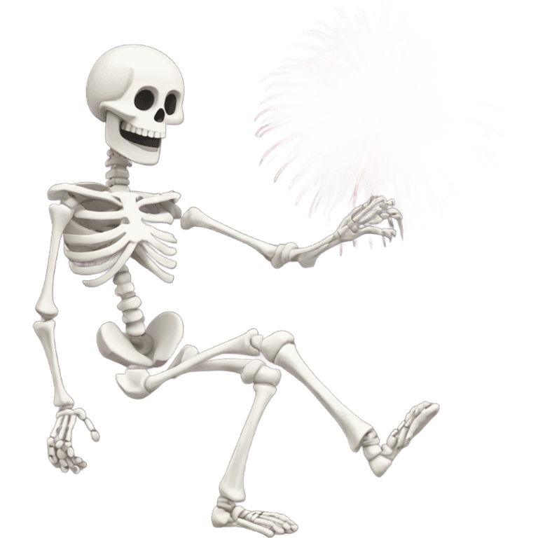 Skeleton standing on one leg next to fireworks emoji