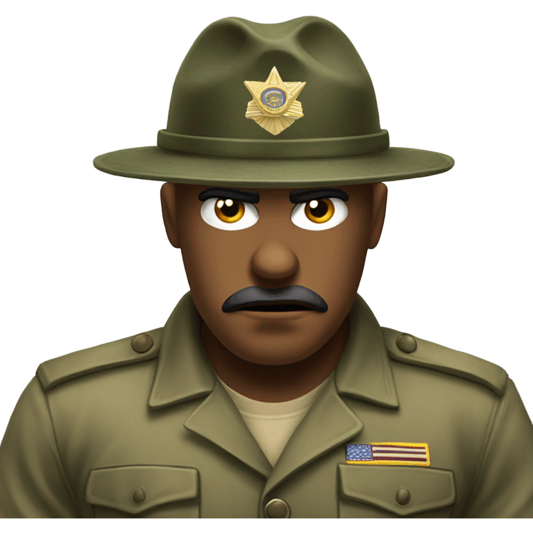 drill sergeant character wearing a classic sergeant hat and a camouflage army shirt. The character should have an angry intense expression. emoji