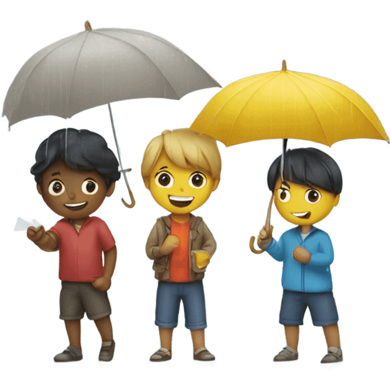 3 kids with a umbrella playing with a paper ship in the rain emoji