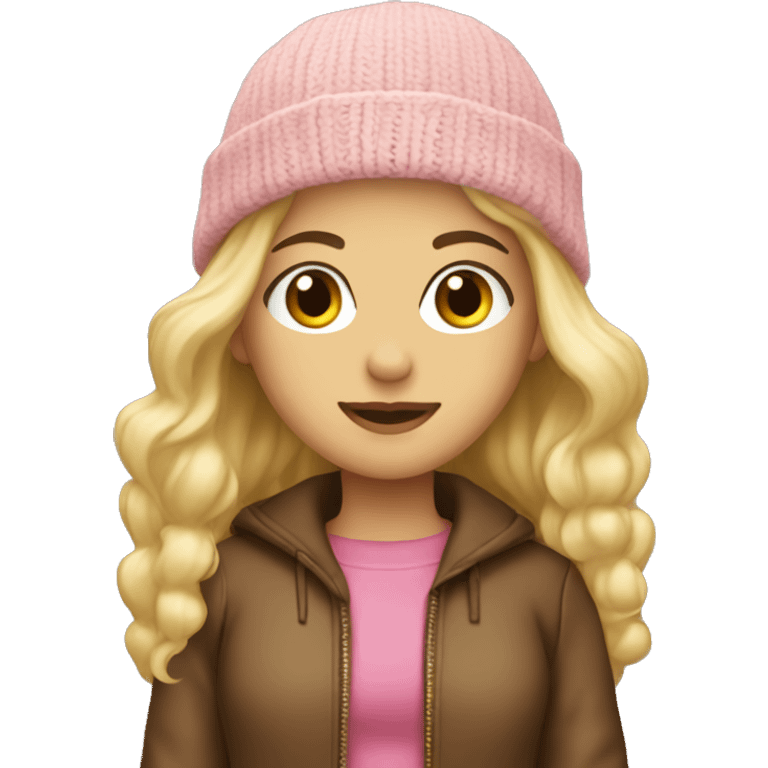 Blond girl brown jacket pink nitted beanie  emoji