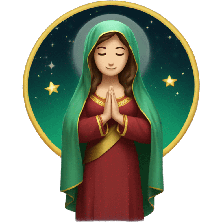 Virgin Mary: kind face looking down at the left, long brown hair, Wearing an emerald green  robe with gold stars and a burgundy red dress,  Hands in prayer or blessing. Halo around her head. standing on a crescent moon.  emoji