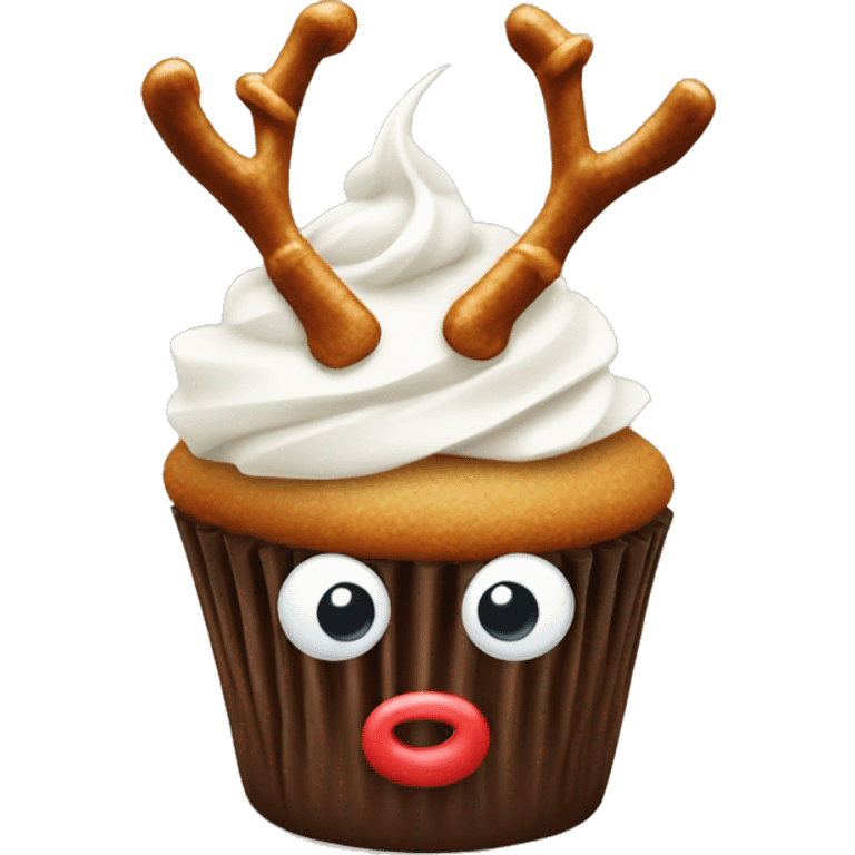 Cupcake with white frosting with pretzel antlers at the top and two little eyes with a red nose  emoji