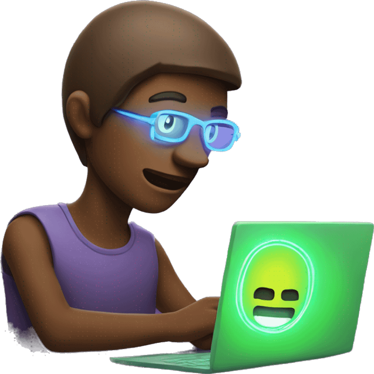 A person looking at a computer with neon-like fluorescent light shining on their face. emoji