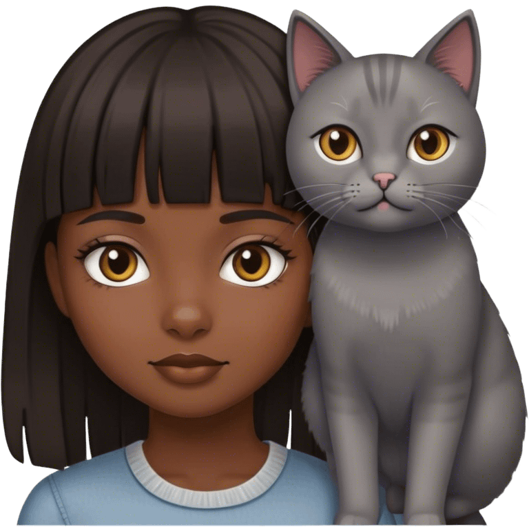 Dark Brown hair girl with fringe and a grey cat emoji