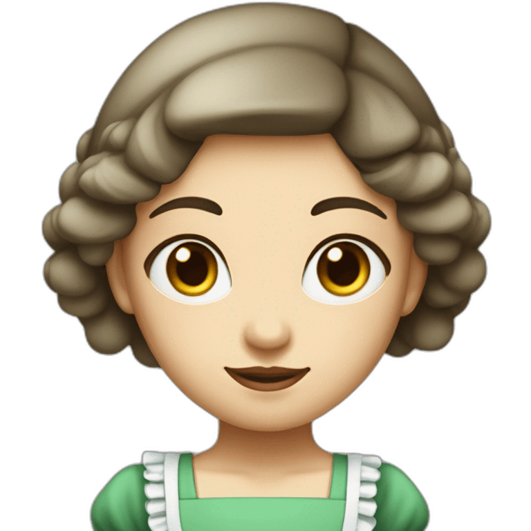 Maid with white skin, brown eyes and hair and an m shaped bang on her head with green headdress emoji