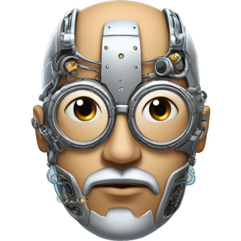 Tan bald male Latino cyborg head with grey beard, silver steampunk monocle goggles and circuits emoji