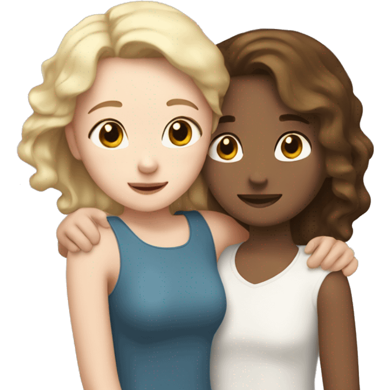 Adult girl with white skin and blond short straight hair hugging teenage girl with white skin and brown wavy hair emoji