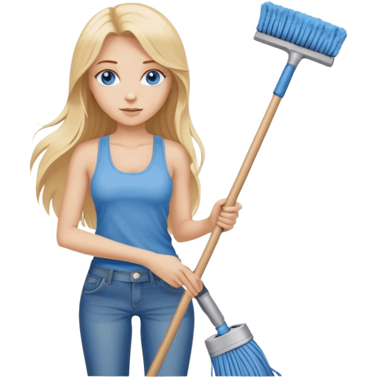 Cinematic realistic blonde with long hair and blue eyes, dressed in jeans and a tank top, holding a mop in her hands emoji