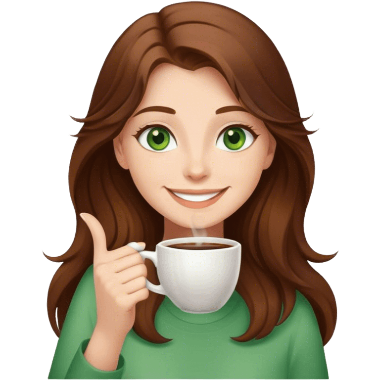 Long, Brown haired girl with green eyes drinking coffee, smiling and waving emoji