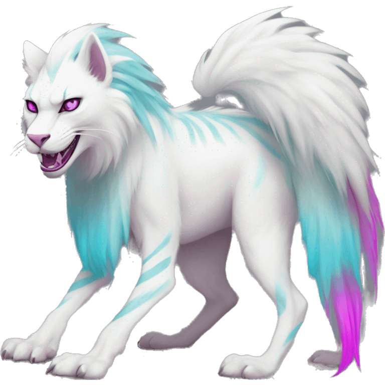 White elegant beautiful natural cute badass epic anthro modern albino Trico-vernid-Fakémon with cyan mane and magenta eyes with cyan edgy stripes, anthropomorphic, two-legged, digitigrade, full body emoji