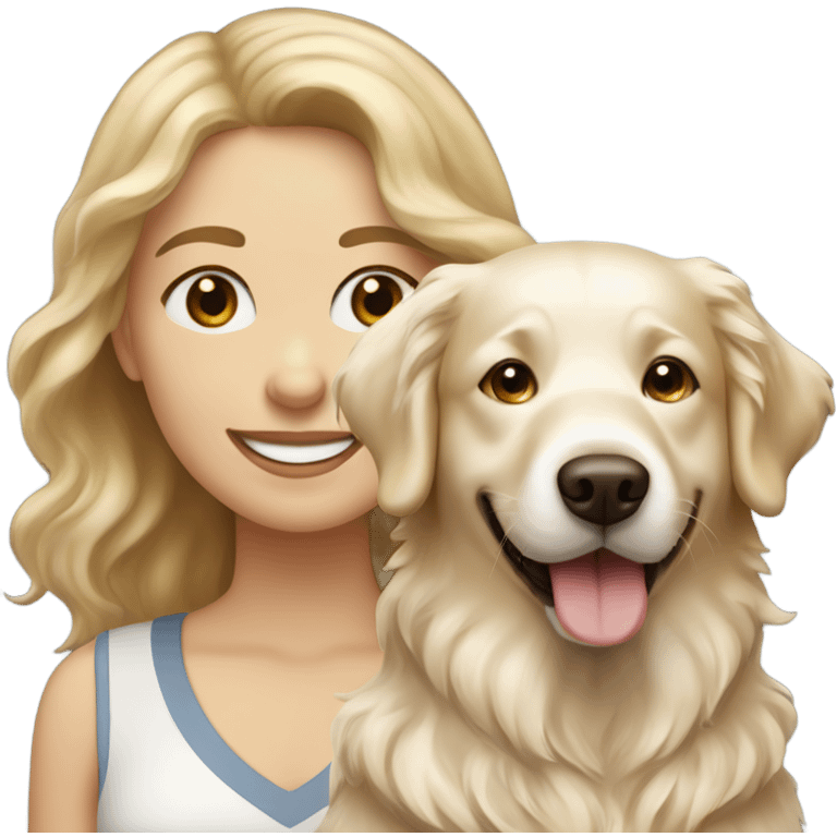 brown haired white woman and her English cream golden retriever curly haired dog smiling emoji