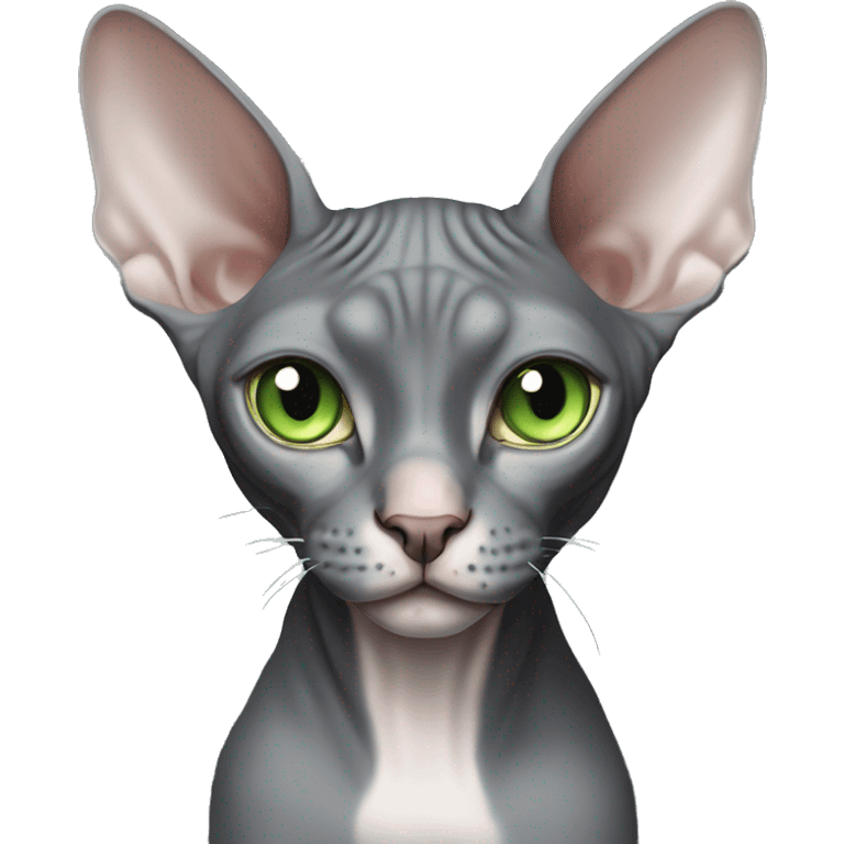 Dark grey sphynx cat with light green eyes and white nose emoji