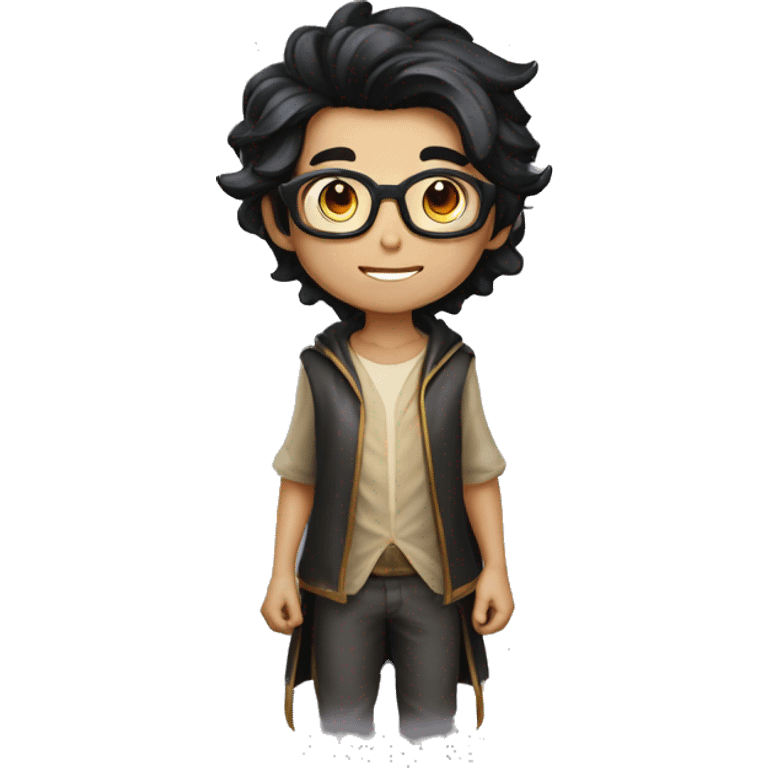 young overpowered magic shiny wizard skin tone 3 with black hair and glasses emoji