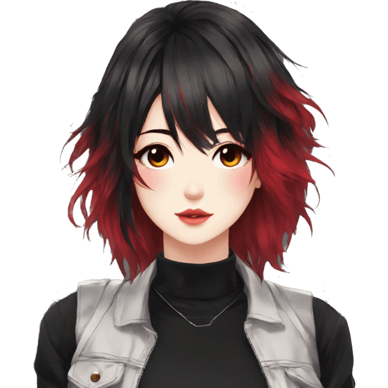 Gorgeous anime style lady with blushing face aesthetic and pretty edgy black red punk hair with hair garment trending style emoji