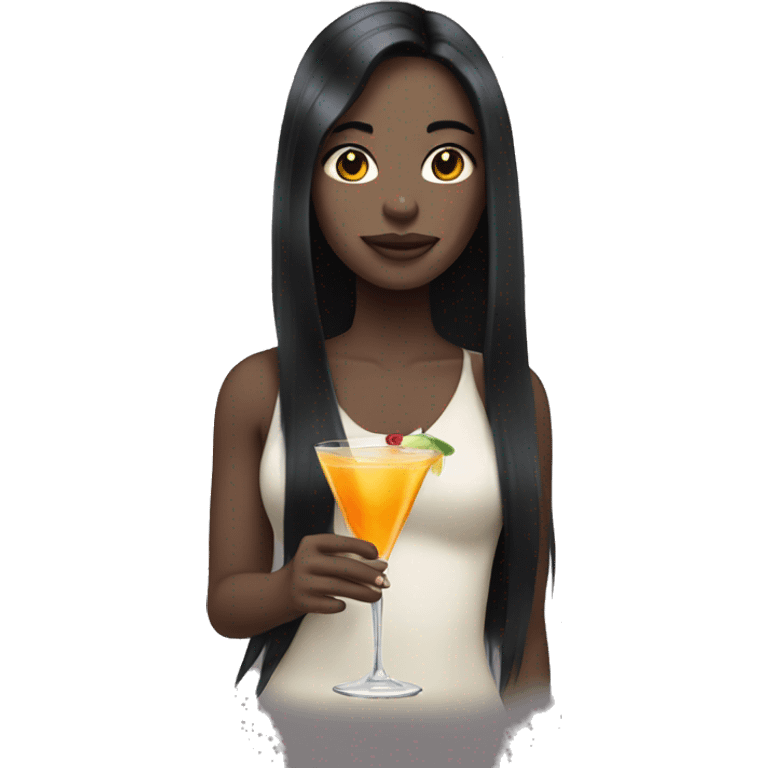 Pale girl with long black hair with chest holding cocktail emoji