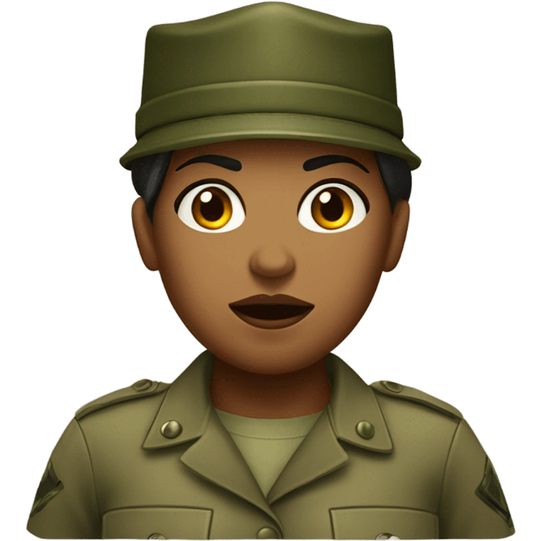 a female drill sergeant showing full torso wearing a classic sergeant hat and a camouflage army shirt. The character should have an angry intense expression.  emoji