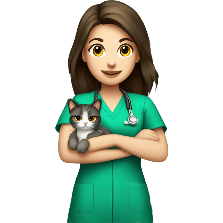 Pretty Brunette veterinary nurse. green scrubs holding a cat emoji