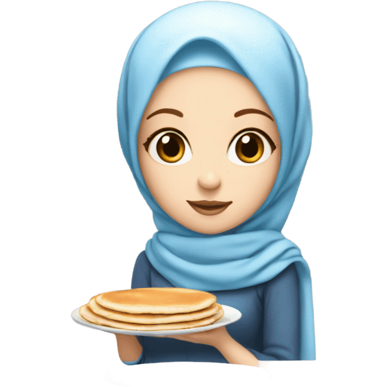 White girl with blue eyes and baby pink hijab holding a plate of pancakes emoji