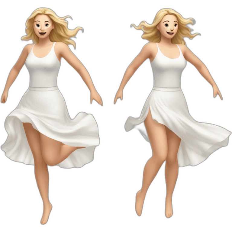 Hyperrealistic Full body Caucasian curvy beauty jumping white skirt back and front views strong wind emoji