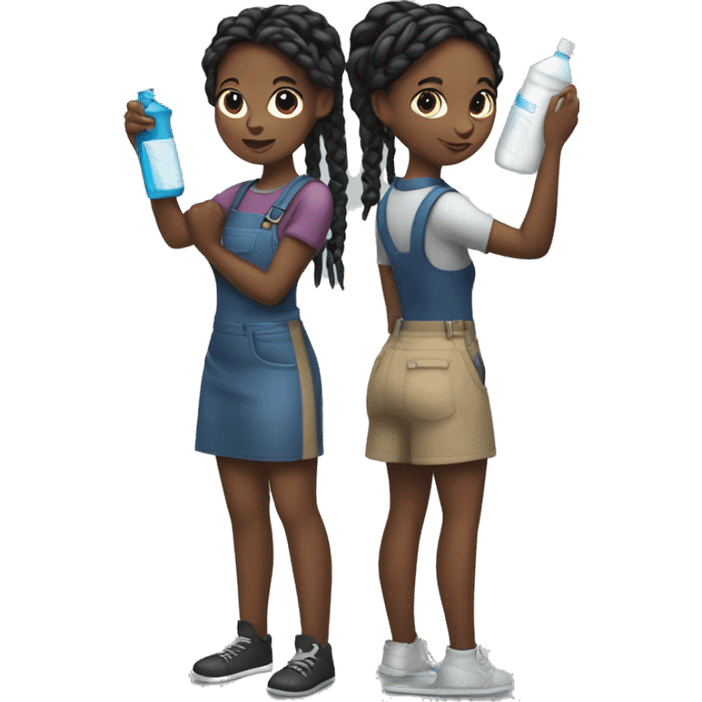 two black girls with braids in a ponytail standing showing entire body, standing with their backs touching  holding cleaning supplies in their hands i front of them emoji