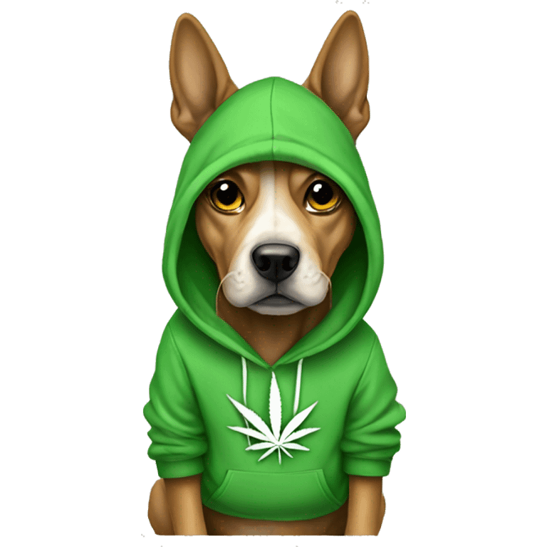 Dog wearing a hoodie with cannabis leaf pattern  emoji