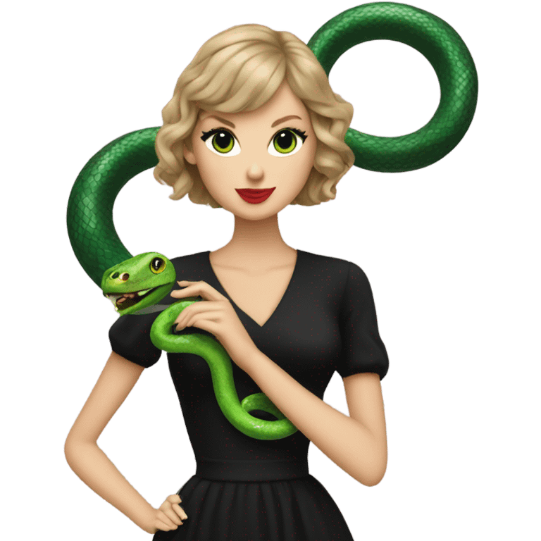 taylor swift in a black outfit holding a green snake emoji