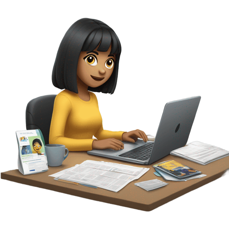 dark-haired girl with bangs working on a laptop (she is a marketer) emoji