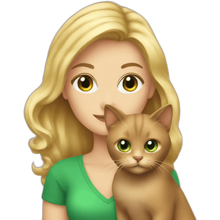 Blonde woman with green eyes holding a fluffy brown cat emoji