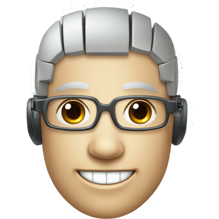 Robotic Cyborg head with fair skin, flat top haircut, rectangular glasses, circuits and smiling  emoji