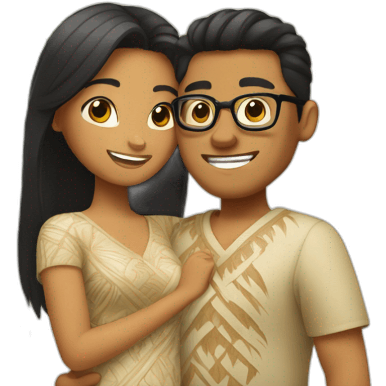 Polynesian boy with black hair and woman with brown ponytail and glasses hug each other emoji