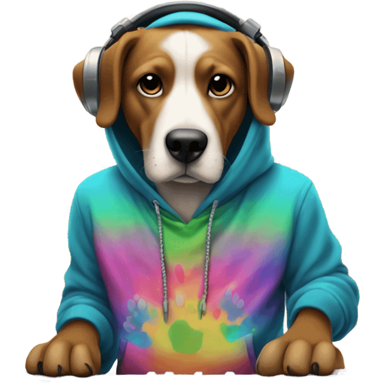 Dog in a hoodie playing a DJ board emoji