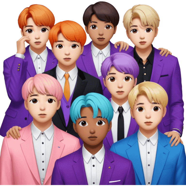 Cinematic Realistic group portrait of BTS featuring all 7 members in stylish modern attire, with detailed facial expressions and vibrant colors, captured in dynamic, contemporary lighting that emphasizes their global pop icon status emoji