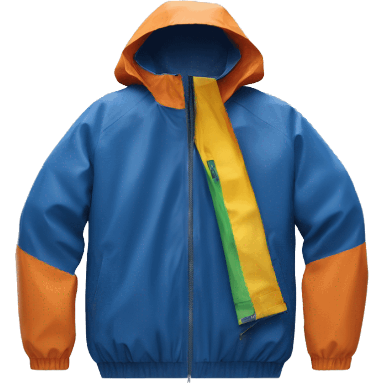 A blue K-way waterproof jacket with a colorful central zip in white, dark blue, orange and yellow (just the zip) under the rain emoji