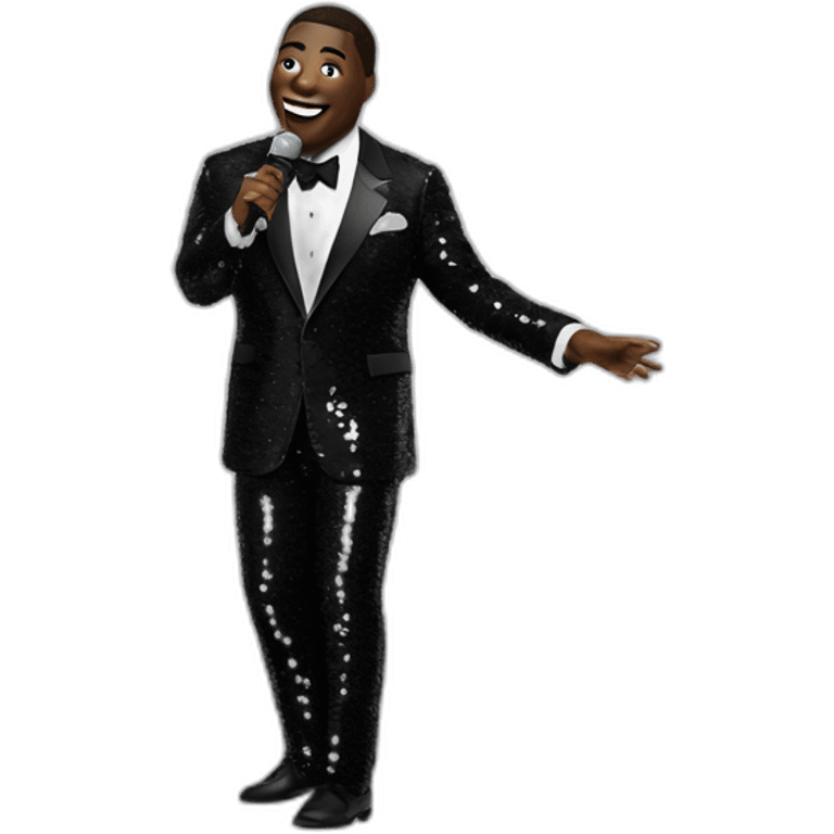 sam richardson in a black sequin suit singing into a microphone full body dancing emoji