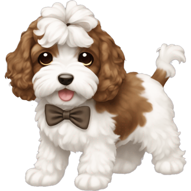 Brown and white cockapoo with a bow emoji