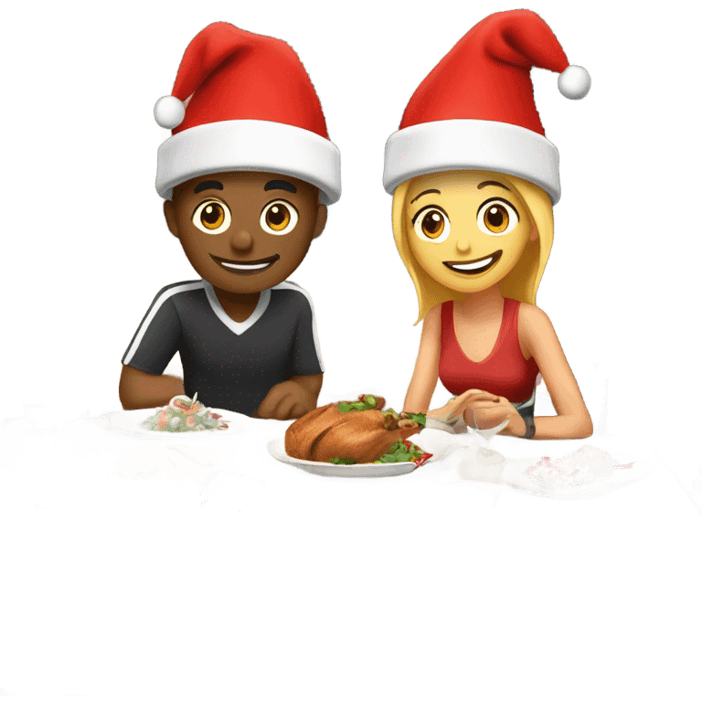 emoji Sports couple , a man and a woman in sportswear, sitting at the Christmas dinner table with a red Christmas hat emoji