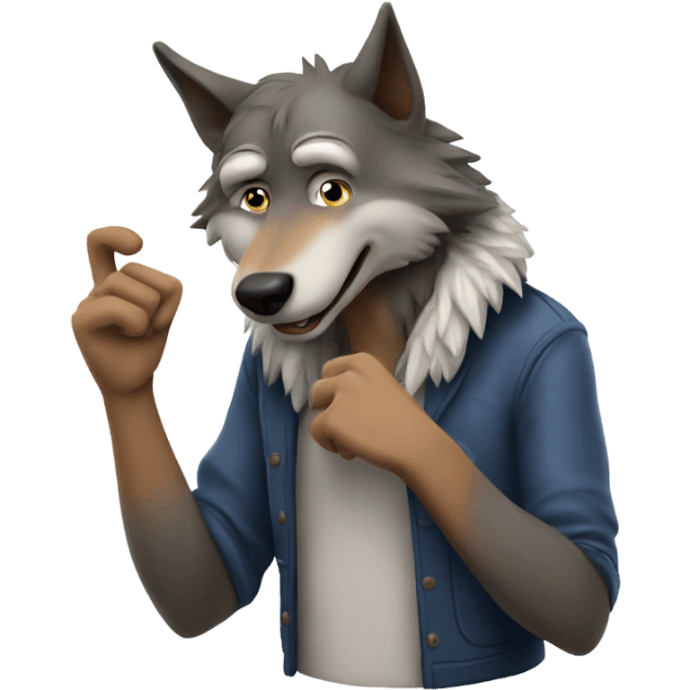 a somewhat surprised wolf twiddles his thumb at his temple emoji