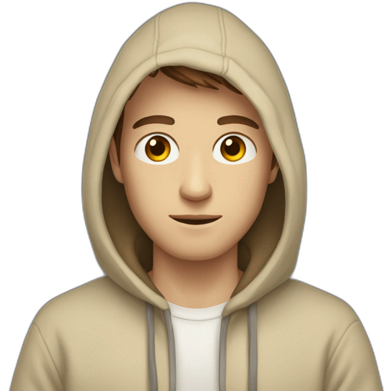 White guy in beige hoodie with brown hair geen eyes hair is one way and a litte to the otherside emoji