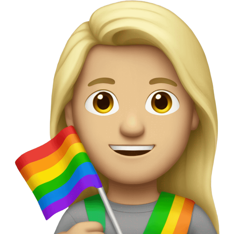 caucasian man with straight long blonde hair holding rainbow flag emoji