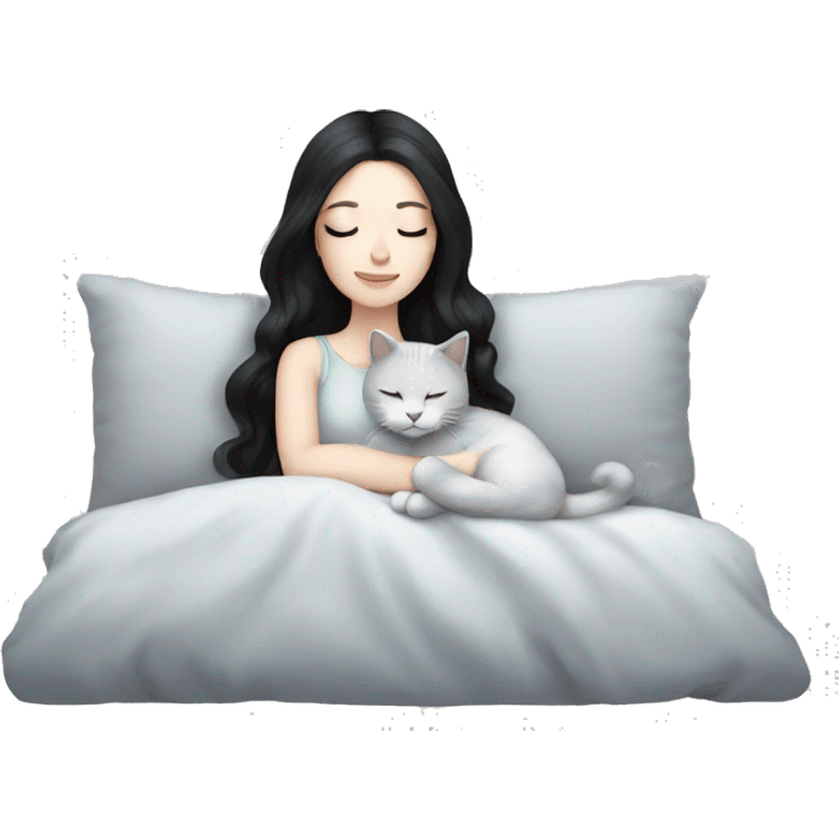 Pale skin girl black hair sleeping with light grey kitty emoji