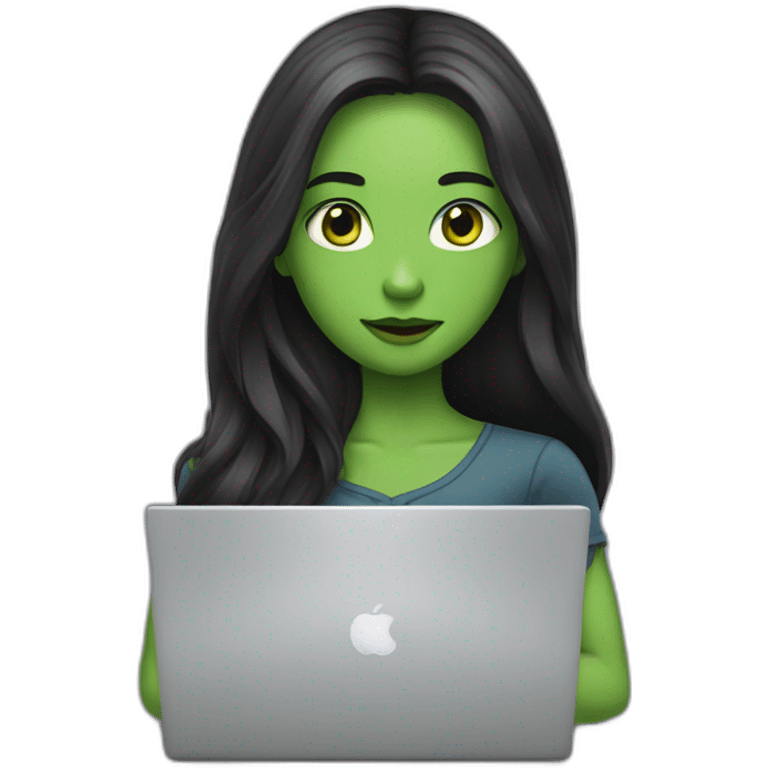 Girl with long dark hair green eyes and laptop emoji