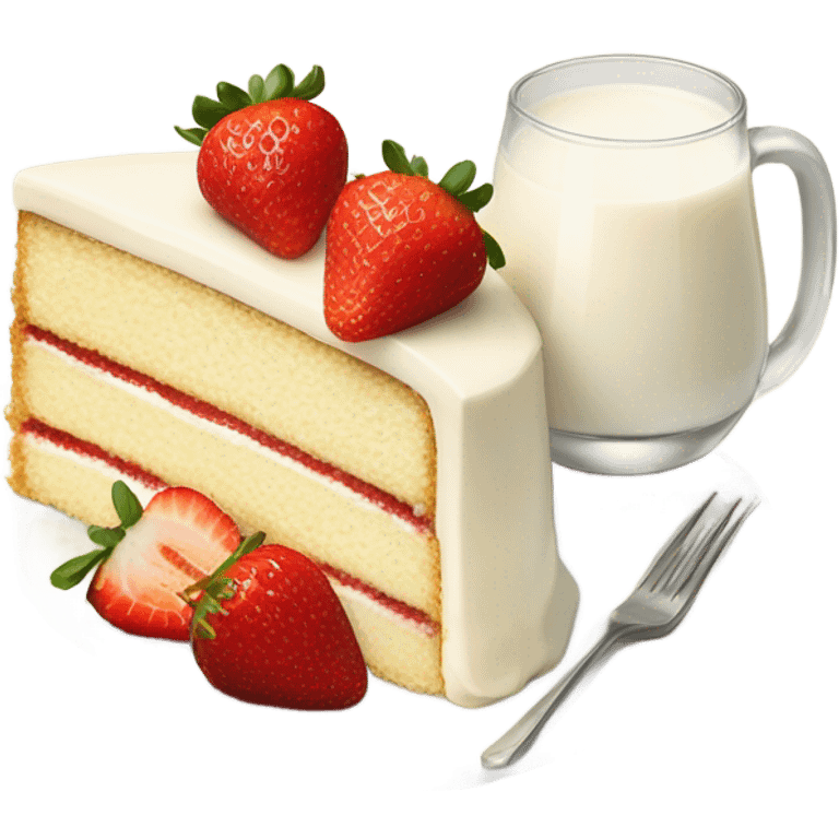 Slice vanilla cake with strawberrieson top at plate and milk at glass emoji