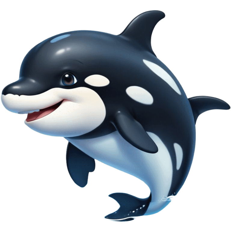 Cinematic Cute orca Portrait Emoji, Head tilted playfully and inquisitively, featuring a smoothly rounded body with bright, sparkling eyes and an adorable, friendly smile, Simplified yet irresistibly adorable features, highly detailed, glowing with a warm, ocean-blue glow, high shine, affectionate and lively, stylized with a touch of whimsical aquatic charm, soft glowing outline, capturing the essence of a mischievous yet endearing orca that seems as if it could leap right into your heart! emoji