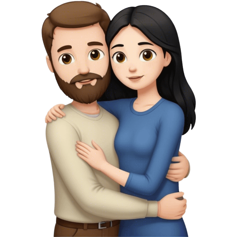 Tall white man with brown hair and beard hugging an short pale woman with long black hair, standing emoji