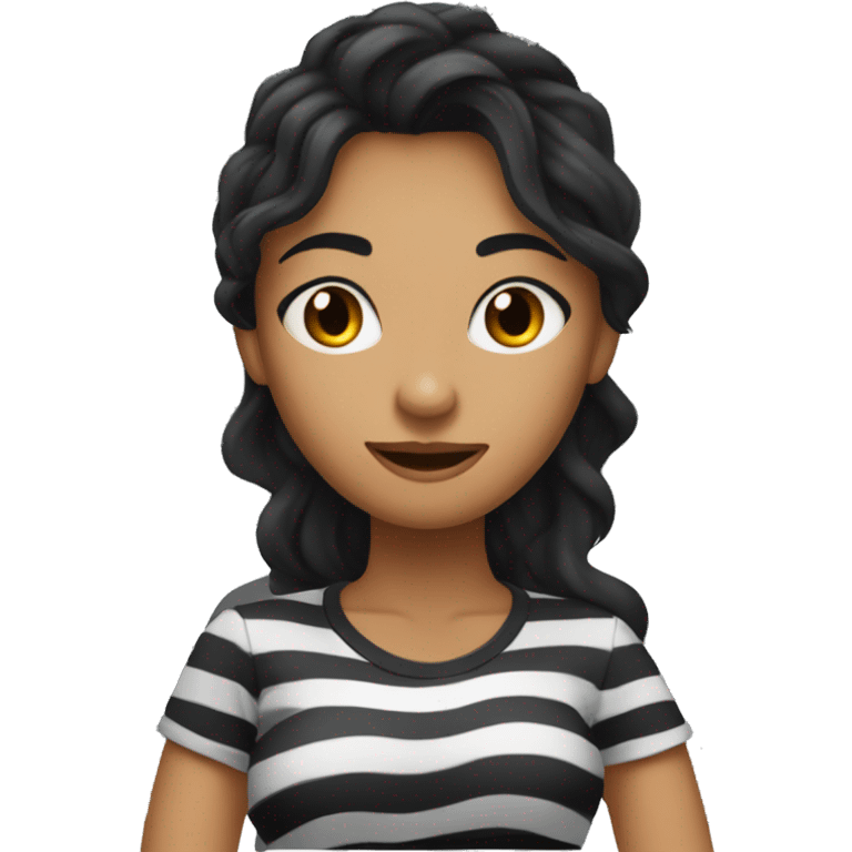 woman with long wavy black hair wearing black stripy t-shirt, and black eyes emoji