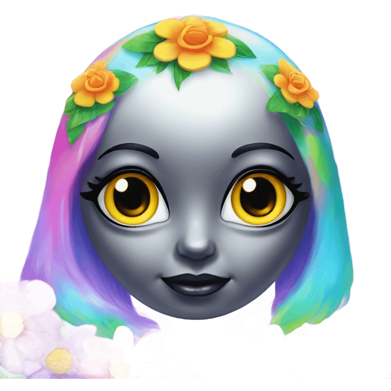 Lisa frank alien with big oval head and big black eyes with flowers emoji